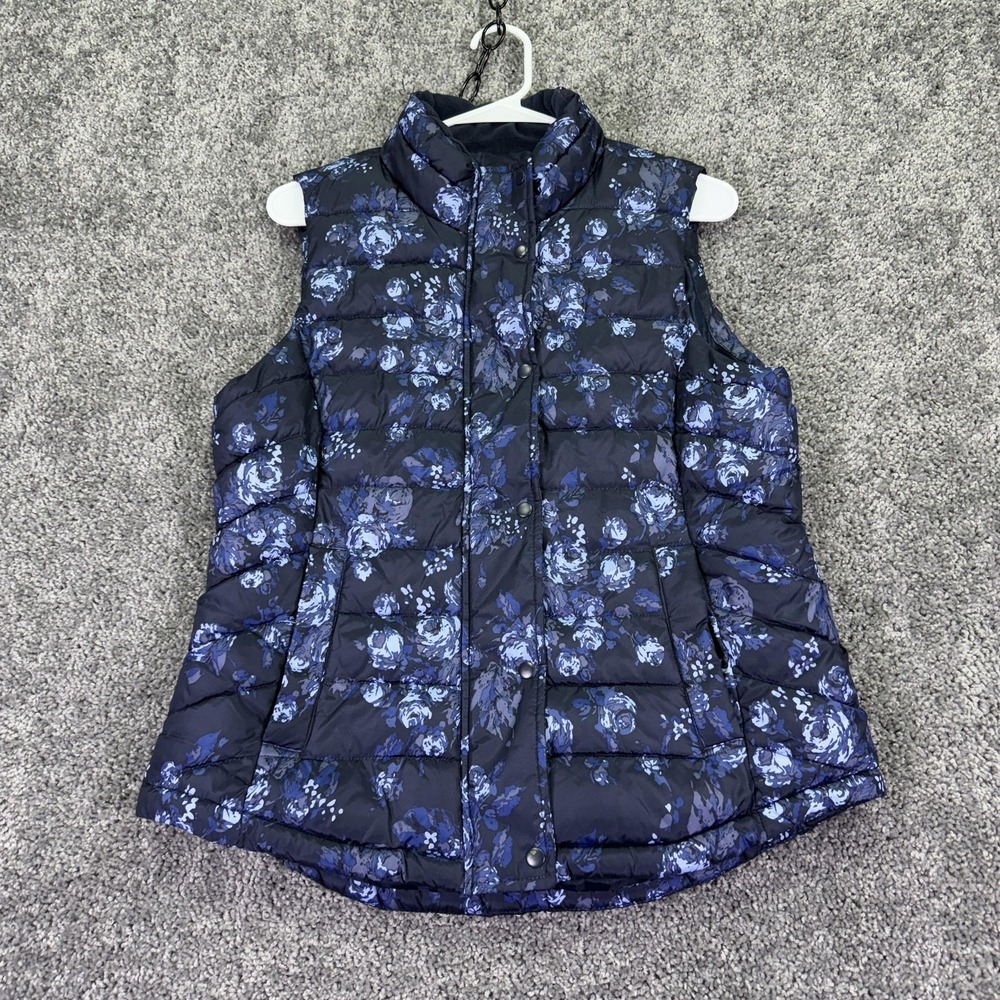 Gap Vest Womens Medium Blue Floral Quilted Down Puffer Full Zip Outdoor Warm